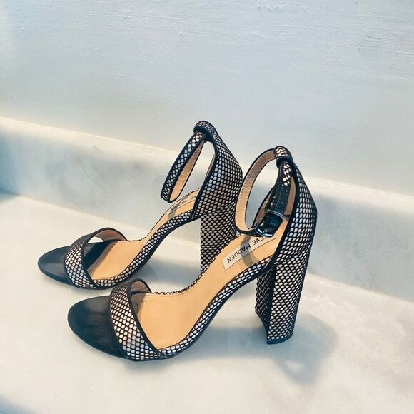 Steve Madden Ankle Strap Open Toe Mesh Block Heel Carrson Sandals Black Size 7.5 - Picture 3 of 6